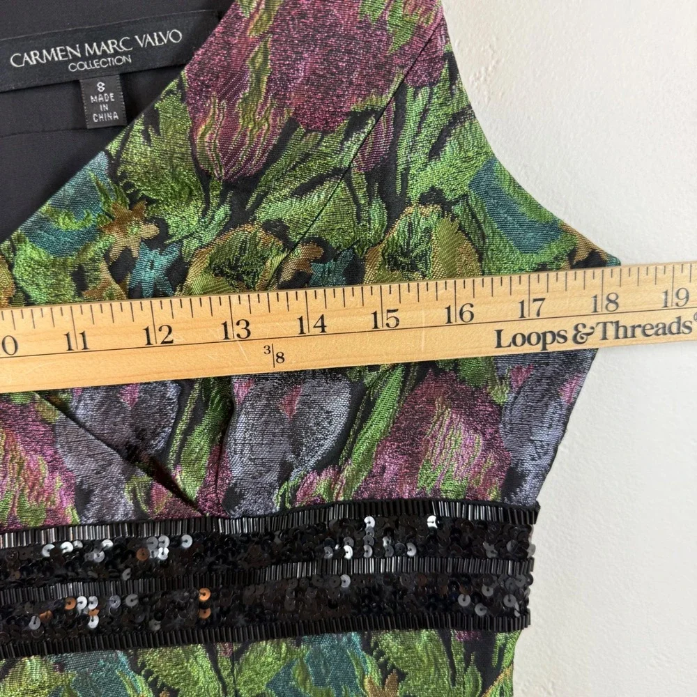 Carmen Marc‎ Valvo Floral Brocade Cocktail Dress Sleeveless Sheath Sequin Glam 8